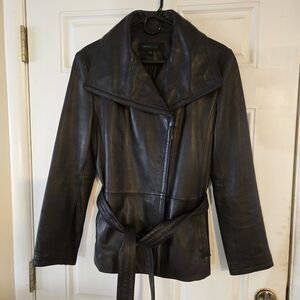 Siena Studio 100% Leather Jacket Womens Medium Brown Belted Moto Minimalist Chic